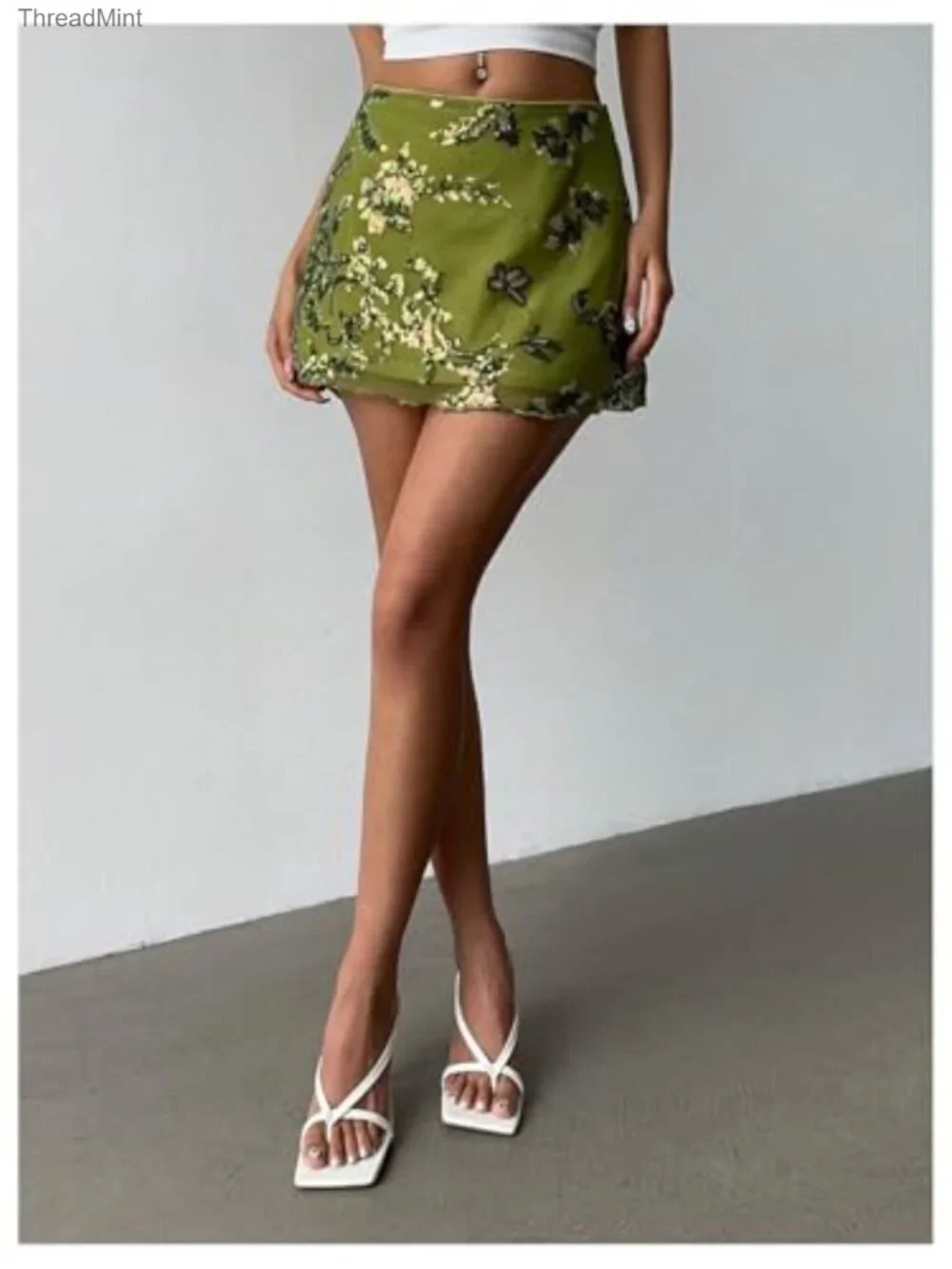 Sequin Mini Skirt Embroidered Low Rise A-Line Stretch Party Wear